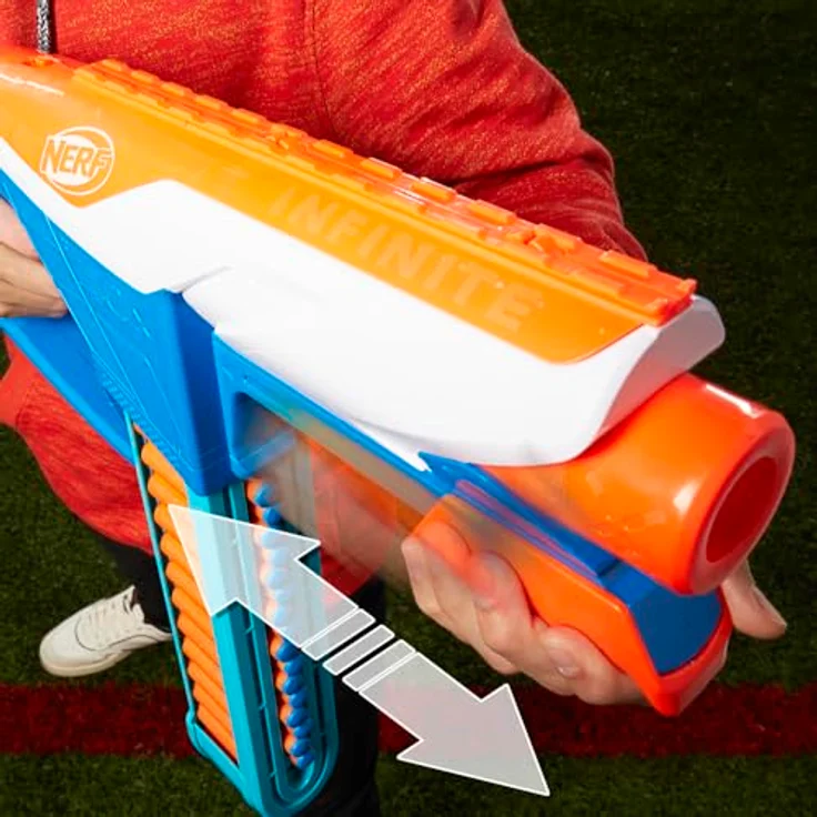 NERF N Series Infinite Blaster und 80 präzise N1 Darts, Spannschlitten und abnehmbares Gurtmagazin, Pump-Action Blaster für Fortgeschrittene, Jungen und Mädchen, Blau – Bild 5