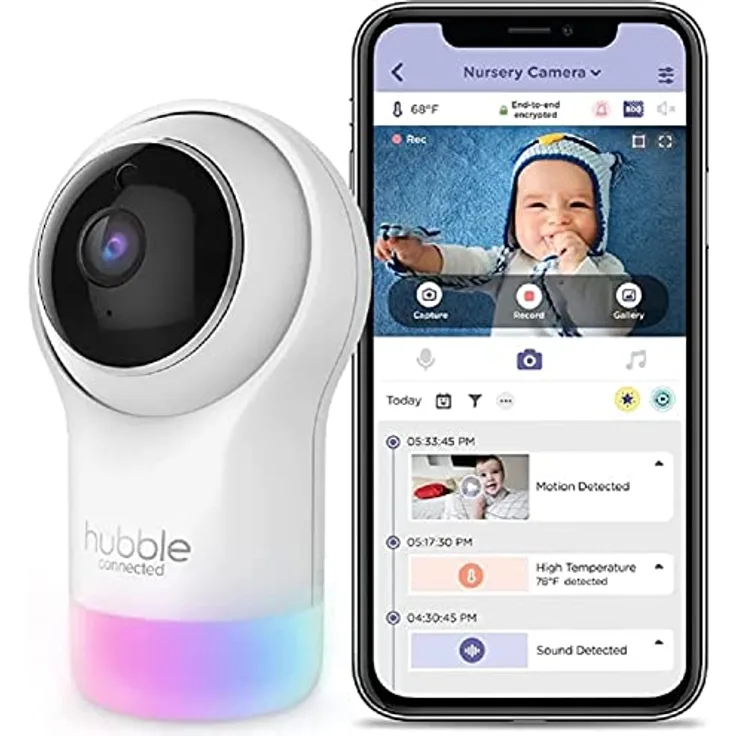 Hubble Connected Nursery Pal Glow, Babyphone mit Kamera, 7-Farben-Nachtlicht, Raumtemperatursensor, Schwenk-Neige-Zoom, 2-Wege-Kommunikation, Nachtsicht, WLAN, App
