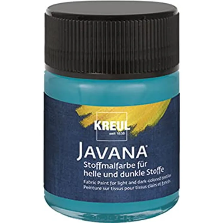 KREUL 91980 - Javana Stoffmalfarbe für helle und dunkle Stoffe, 50 ml Glas türkis, brillante Farbe auf Wasserbasis, pastoser Charakter, zum Stempeln und Schablonieren, nach Fixierung waschecht