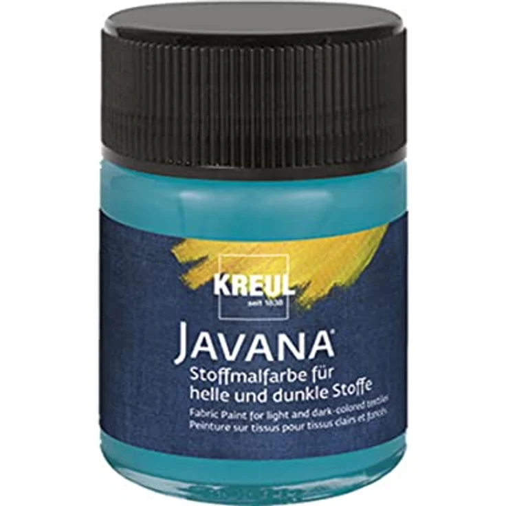 KREUL 91980 - Javana Stoffmalfarbe für helle und dunkle Stoffe, 50 ml Glas türkis, brillante Farbe auf Wasserbasis, pastoser Charakter, zum Stempeln und Schablonieren, nach Fixierung waschecht