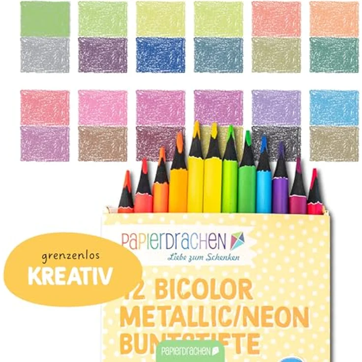Papierdrachen 12 Bicolor Buntstifte Set, 24 satte Farben, Holz, dreieckig, bruchsicher, ideal für Schule und Kindergarten – Bild 5
