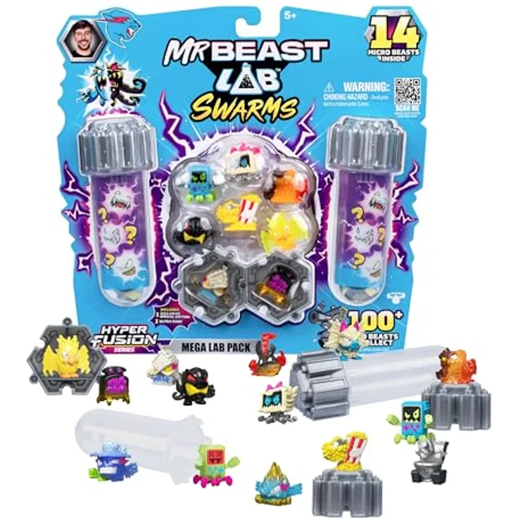 MRBEAST LAB MrBeast Lab Swarms Hyper Fusion-Serie, Mega-Laborpackung mit 14 Mini-Monstern, 14 Sammelstickern & 4 Fusions-Kapseln, über 100 einzigartige Hyper Fusion Swarms