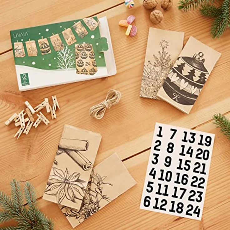 LIVAIA Adventskalender zum Befüllen 2023 – Papiertüten, Zahlen Aufkleber, Band, Holz Klammern – DIY Bastelset mit weihnachtlichen Motiven – Bild 2