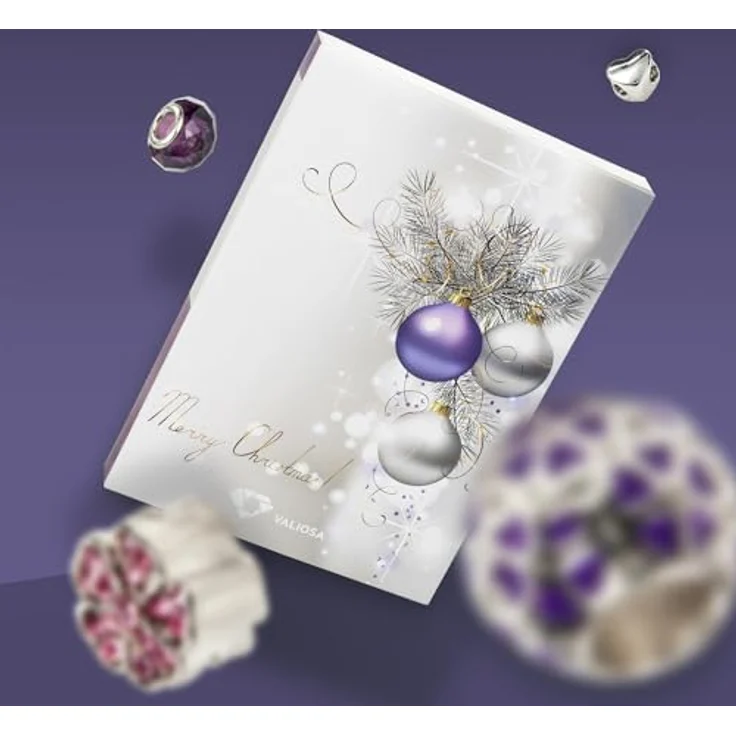 VALIOSA Merry Christmas Mode-Schmuck Adventskalender mit Halskette, Armband + 22 individuelle Perlen-Anhänger aus Glas & Metall, lila – Bild 2