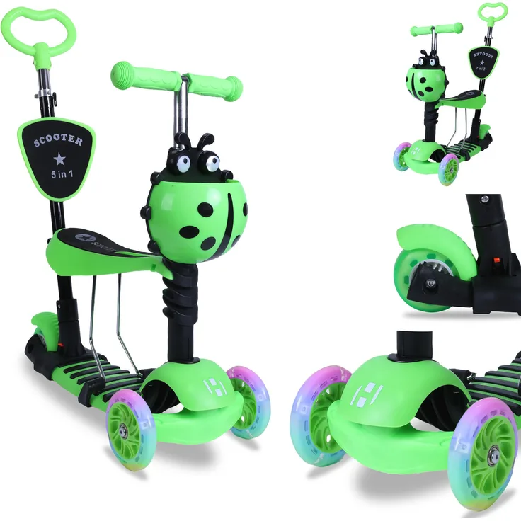 Europebazar Habib 5-in-1 Kinderroller mit abnehmbarem Sitz und Rückenlehne, LED-Räder, höhenverstellbarer Lenker, grün, für 2-8 Jahre