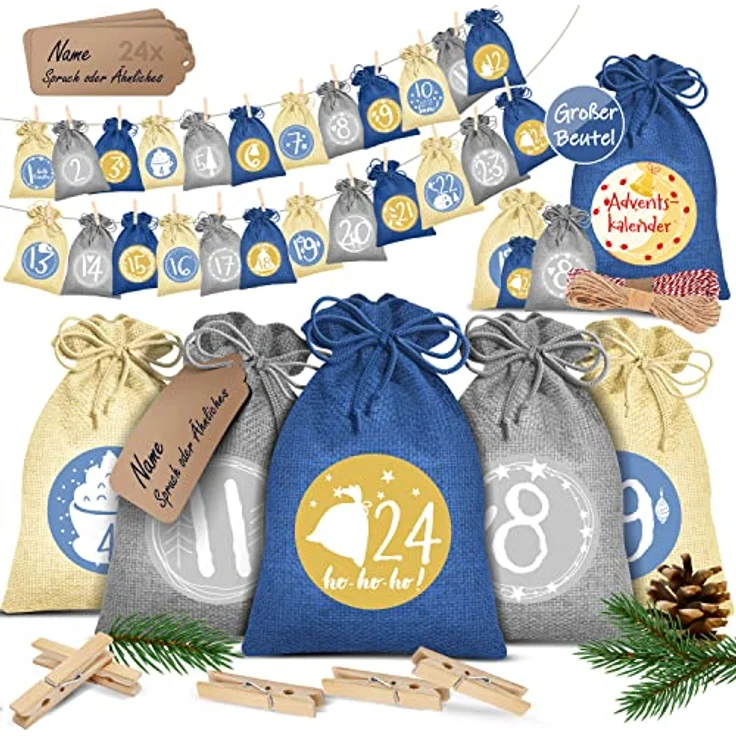 KESSER® Adventskalender zum Befüllen 24 Jutebeutel Gedruckte Stoffbeutel Kinder Weihnachtskalender zum Selber Befüllen Inkl. 24x Schildchen + 1 Großer Aufbewahrungsbeutel Stoff Blau, 16x12cm – Bild 2