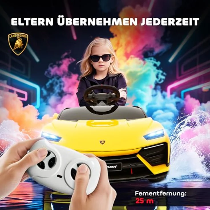 AIYAPLAY AIYAPLAY Kinder Elektroauto 12V, Lamborghini-Lizenz, 2,4 GHz Fernbedienung, 2 Motoren, LED, Musik, sanfter Start, für 3–6 Jahre, Gelb – Bild 4