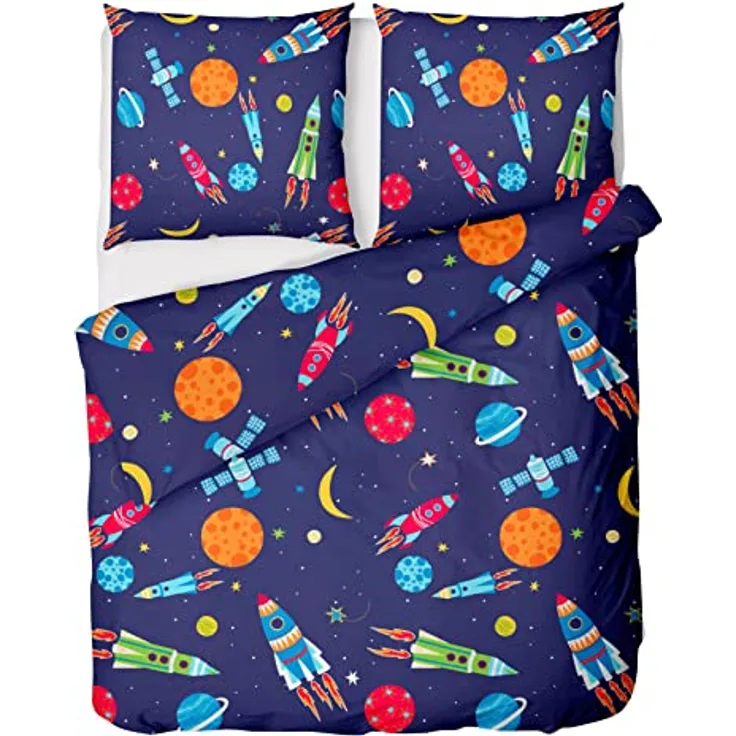 LINKHOFF Bettwäsche Rakete 135x200 für Kinder - Weltall Astronauten Kinderbettwäsche Jungen Weltraum & Planeten Motive - Renforce Baumwolle - Kissen + Bettbezug