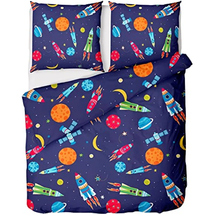 LINKHOFF Bettwäsche Rakete 135x200 für Kinder - Weltall Astronauten Kinderbettwäsche Jungen Weltraum & Planeten Motive - Renforce Baumwolle - Kissen + Bettbezug – Bild 1