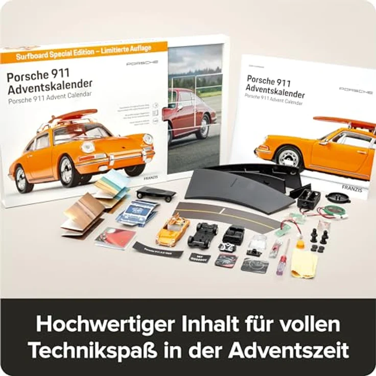 Franzis Verlag Porsche 911 Bausatz Adventskalender, Maßstab 1:43, bahamaagelbe Modellversion mit Surfbrett, ab 14 Jahre – Bild 2
