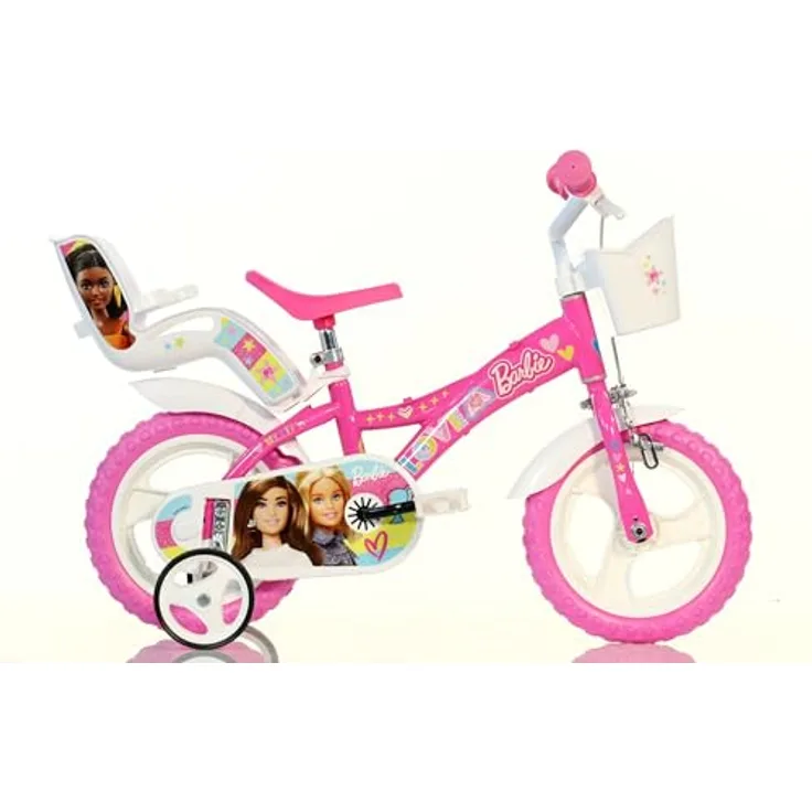 DINO BIKES Kinderfahrrad Barbie 12 Zoll, Mädchenfahrrad mit Stabilisatoren, Puppenhalter und Korb, für Größe 87 bis 110 cm