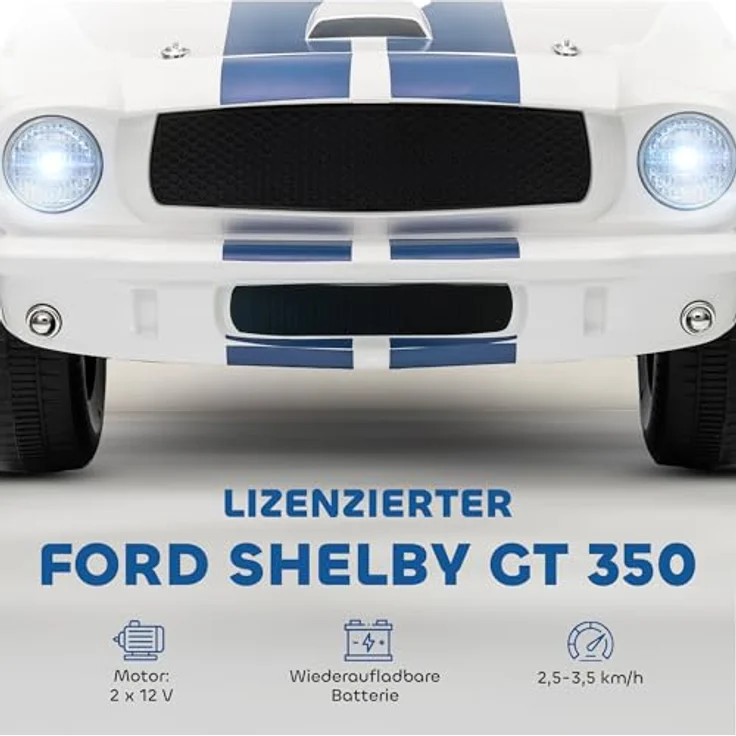 AIYAPLAY Ford Shelby GT 350 Elektroauto, 12V Kinderfahrzeug mit 2,4 GHz Fernbedienung, 2 Motoren, Hupe, LED, Musik für 3-6 Jahre, Weiß – Bild 3