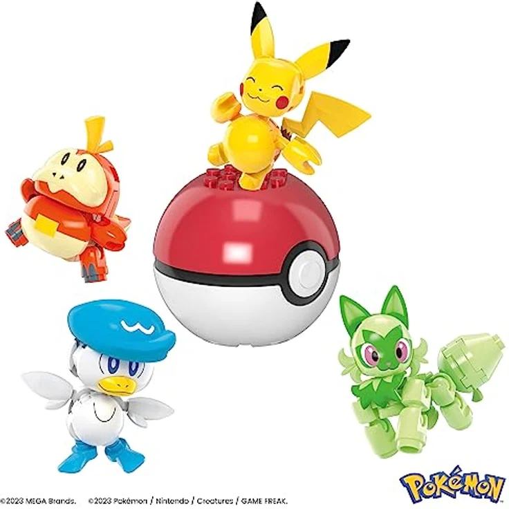 MEGA POKÉMON Paldea-Region - Pikachu und die ersten Partner-Pokémon Felori, Krokel und Kwaks, Zusammenbaubares und bewegliches Set mit 4 Figuren und 1 Pokéball zum Ausstellen, HPX92 – Bild 2
