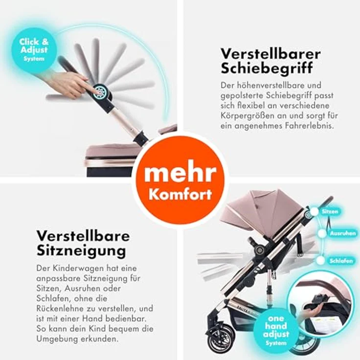 Daliya® NEOMOVE 2in1 Kombi-Kinderwagen, Buggy mit klappbarer Babywanne und Sportsitz, große pannensichere Räder, stufenlos verstellbare Rückenlehne, leichter Alu-Rahmen, großer Einkaufskorb, Gold-Rosa – Bild 3