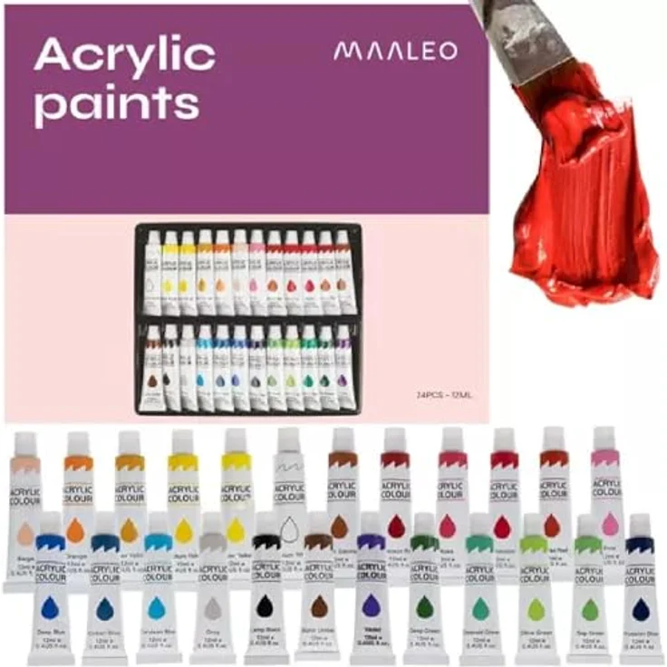 MAALEO Acrylfarben-Set 24 Tuben, je 12ml, ungiftige Malfarben für Kinder und Künstler, vielseitige Farbpalette – Bild 1