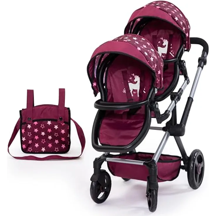 Bayer Puppen-Zwillingsbuggy Xeo Twin, bordeaux, mit verstellbaren Sonnenverdecken und Wickeltasche