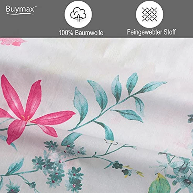 Buymax Bettwäsche 135x200 Baumwolle 2-Teilig Bettgarnitur mit Bettbezug und Kissenbezug 80x80 Renforce Bettwäsche-Set Schmetterlinge Geblümt Blumen-Muster, Weiß Bunt – Bild 3