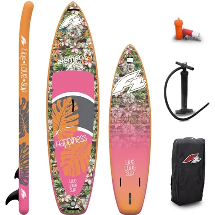 F2 Damen SUP Stand Up Paddle Board Happiness 10'5'', ultraleichtes und robustes Material, gedrucktes Diamond Pad, Multicolor, inkl. Tasche, Pumpe und Reparatur-Kit