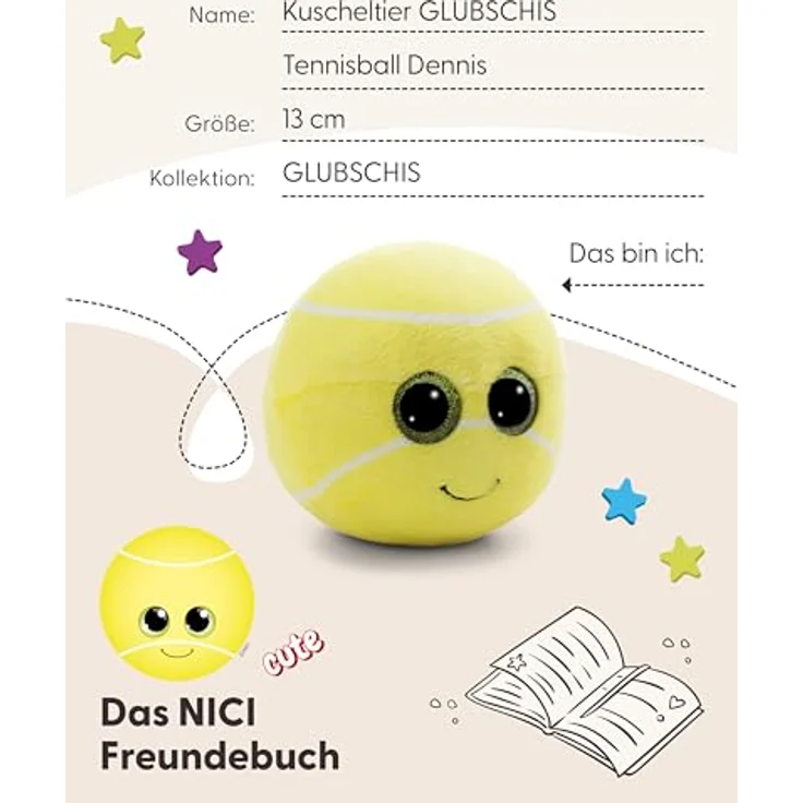 NICI GLUBSCHIS Tennisball Dennis, 13 cm Kuscheltier mit weichem Plüsch und Glitzeraugen, gelb, ideal zum Kuscheln und Spielen für Kinder & Erwachsene, perfekte Geschenkidee – Bild 5