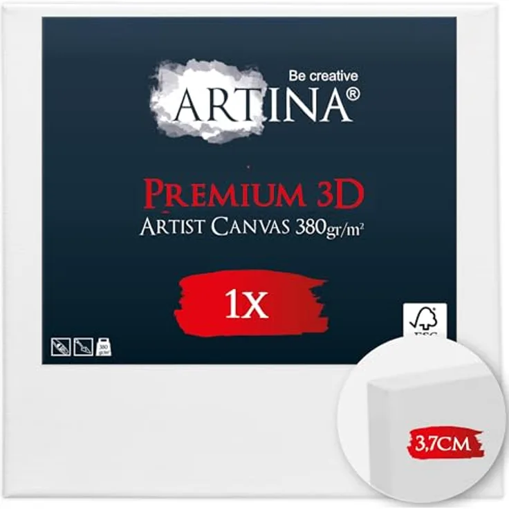 Artina 3D Leinwand 20x20cm, Bespannt auf FSC® Keilrahmen, 3-fach weiß vorgrundiert, 100% Baumwolle, 380 g/m², verzugsfrei, Premium Qualität – Künstlerbedarf