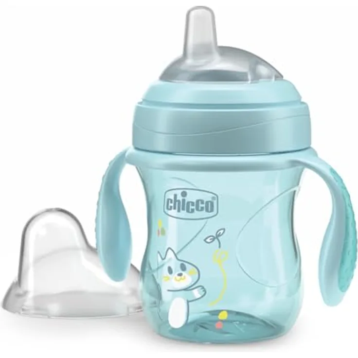 Chicco Transition Trinklernbecher, auslaufsicherer 200ml Becher mit ergonomischer Silikontülle, doppeltem Anti-Kolik-Ventil, BPA-frei, 4+ M, Hellblau
