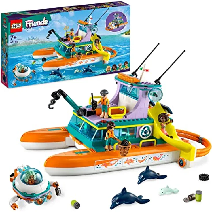 LEGO 41734 Friends Seerettungsboot Tierrettungs-Spielzeug Set mit Delfin-Tier-Figuren und U-Boot, Öko-Lernset, Spielzeug-Geschenk für Kinder, Mädchen und Jungen ab 7 Jahren