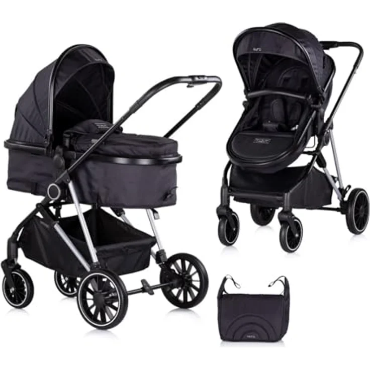 Chipolino Kinderwagen Aura 2 in 1 Umbaubar Wickeltasche Sitz Umkehrbar bis 22 kg, Schwarz gemustert – Bild 1