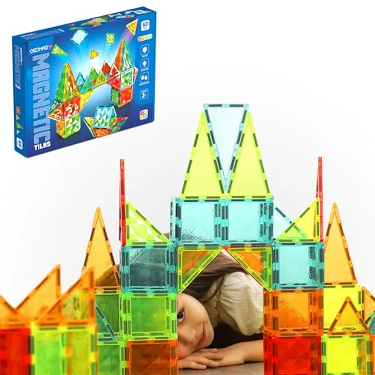 Geomag Magnetic Tiles Gems 60, Magnetbaukasten mit 60 Karten und Edelsteinen in grün, blau, gelb und rot