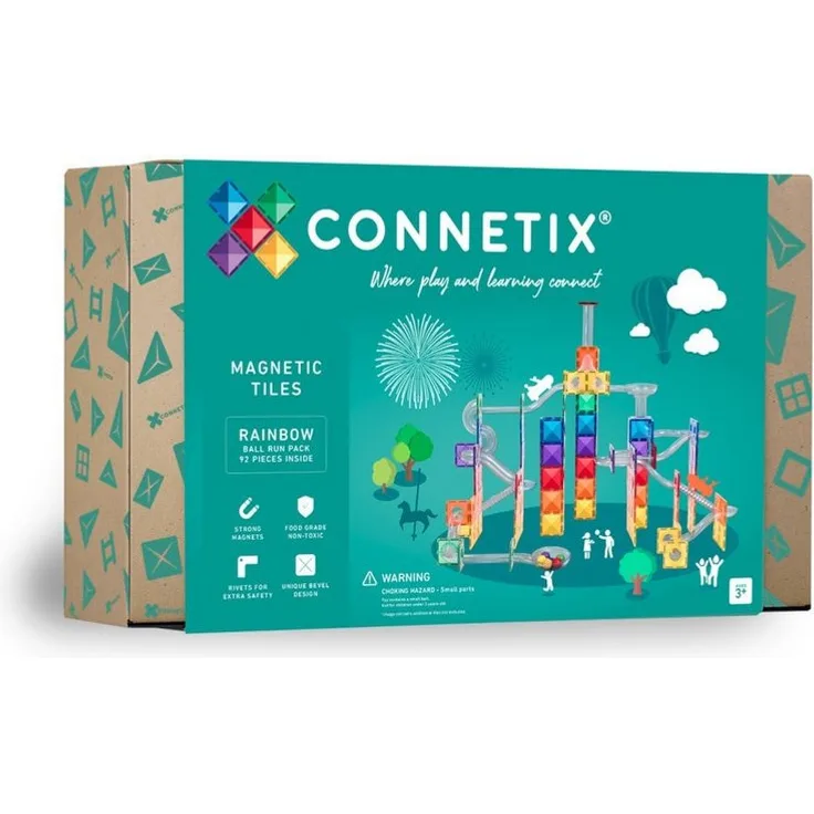 Connetix Kugelbahn Rainbow Ball Run, pädagogisches Lernspiel mit verstärkten Magneten, 92-teiliges Set, ab 3 Jahren