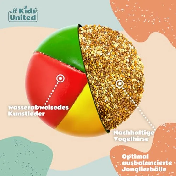 all Kids United® Jonglierbälle 5er Set, Professionelles Jonglierball-Set im Jute-Beutel, Weiche Juggling Balls für Anfänger & Fortgeschrittene mit Gratis E-Book zur Förderung von Koordination und Konzentration – Bild 2
