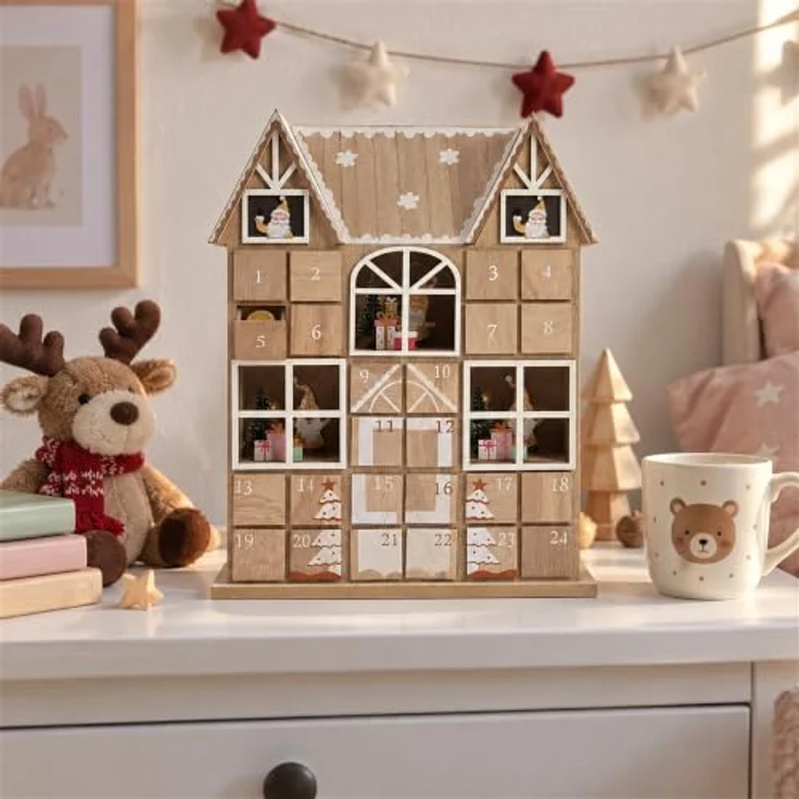 INtrenDU Adventskalender aus Holz, LED-Haus mit 24 Schubladen, Naturholz mit weißen und roten Verzierungen, 37 cm – Bild 4