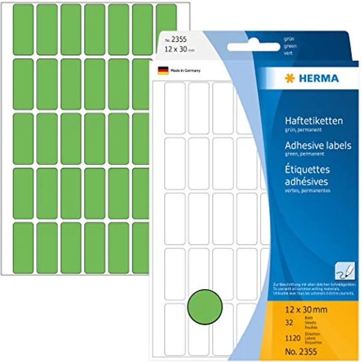 HERMA 2355 Etiketten grün, 32 Blatt, 12 x 30 mm, 35 pro Bogen, 1120 Aufkleber, selbstklebend, Vielzweck Klebeetiketten zum Beschriften, Universal Haftetiketten aus Papier, blanko – Bild 1