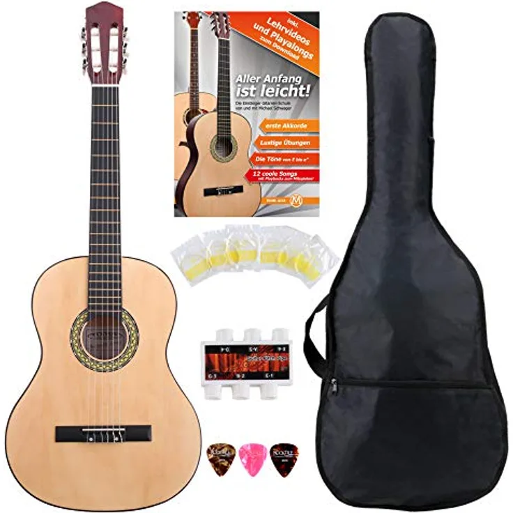 Classic Cantabile AS-851 Linkshänder Konzertgitarre 4/4 Starter Set, Lindenholz, Blackwood Griffbrett, natur