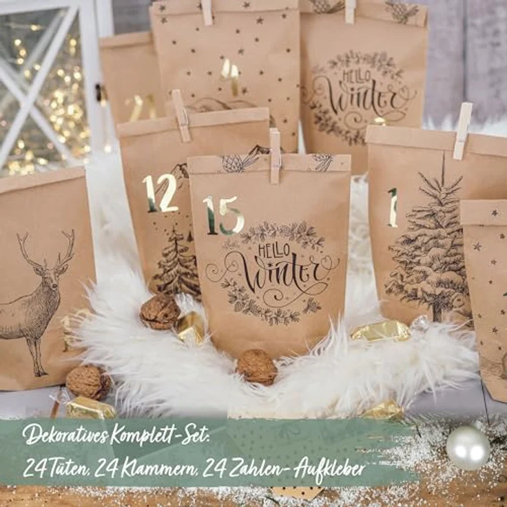 PAPIERDRACHEN Adventskalender zum Befüllen - 24 Bedruckte Geschenktüten und 24 Zahlenaufkleber und Klammern - Motiv Cozy Winter schwarz - zum Basteln und Verschenken - Weihnachten - Preisvergleich – Bild 5