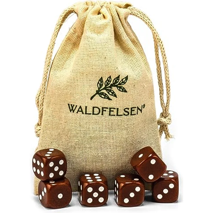 Waldfelsen Standardgröße 16 mm Acrylwürfel Set, 6-seitige Knobelspielwürfel in Braun, 6 Stück mit Stoffbeutel – Bild 1