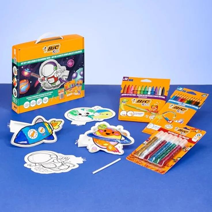 BIC Kids Aufblasbares Spielzeug Set, Malen im Weltall Motiv mit 12 Evolution Buntstiften, 12 Kid Couleur Filzstiften, 6 Glitzerklebern und 4 aufblasbaren Spielzeugen – Bild 2