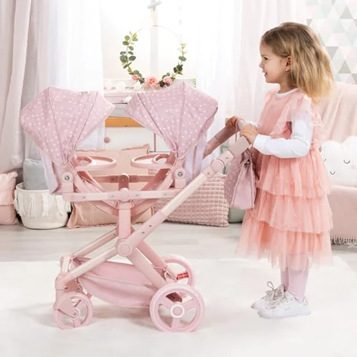 Bayer Design Zwillingspuppenwagen Twin XEO, Tandem Puppenwagen mit höhenverstellbarem Griff und Sonnendach, für Puppen bis 46 cm – Bild 2