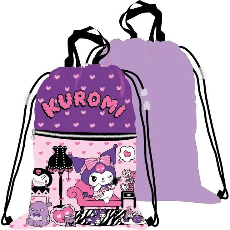 Hello Kitty Kuromi Deluxe Turnbeutel, Sporttasche 45 cm in Schwarz-Pink, geräumig und langlebig aus Polyester