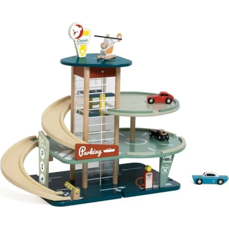 Classic World Parkhaus Vintage, Spiel-Parkhaus mit Heli und 3 Autos, 55x30x46,8cm, Holz und Bioplastik, ab 3 Jahre