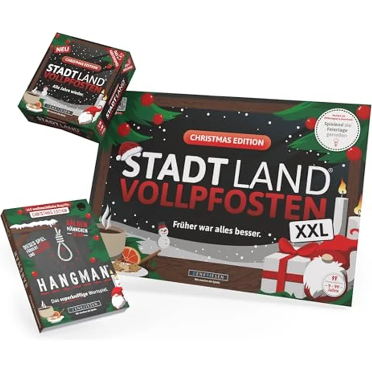 DENKRIESEN Weihnachtsbundle – Spar Set Santa Klaus mit Stadt Land VOLLPFOSTEN A3 Block, Kartenspiel und Hangman Christmas Edition für Familie & Freunde | Ideales Wichtelgeschenk
