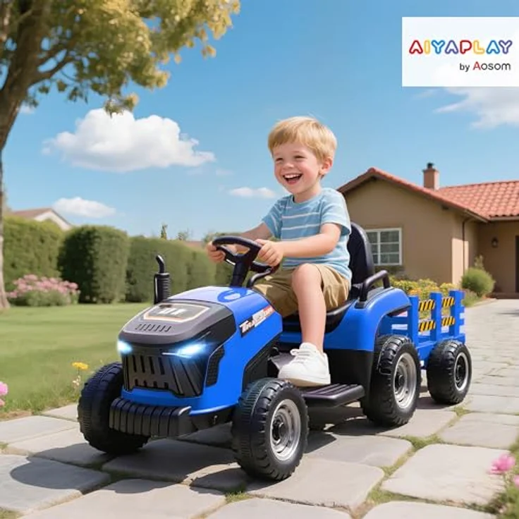 AIYAPLAY Elektrischer Kinder Traktor mit Anhänger, 2 Motoren, Fernbedienung, 3-Gang, Musik und Hupe, Sanftstart, für 3-8 Jahre, Blau – Bild 2