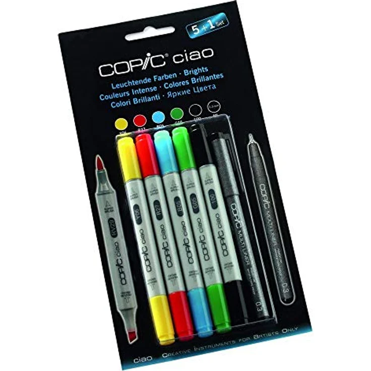 COPIC Ciao Marker 5+1 Set "Leuchtende Farben", 5 alkoholbasierte Allround-Layoutmarker, mit einer mittelbreiten und einer Brush-Spitze, inkl. 1 Multiliner 0,3 mm – Bild 4