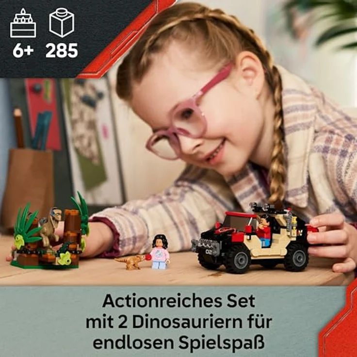 LEGO Jurassic World 76972, Raptor: Verfolgungsjagd mit Geländewagen, 285 Teile, ab 6 Jahre, mit Velociraptor und Minifiguren – Bild 2
