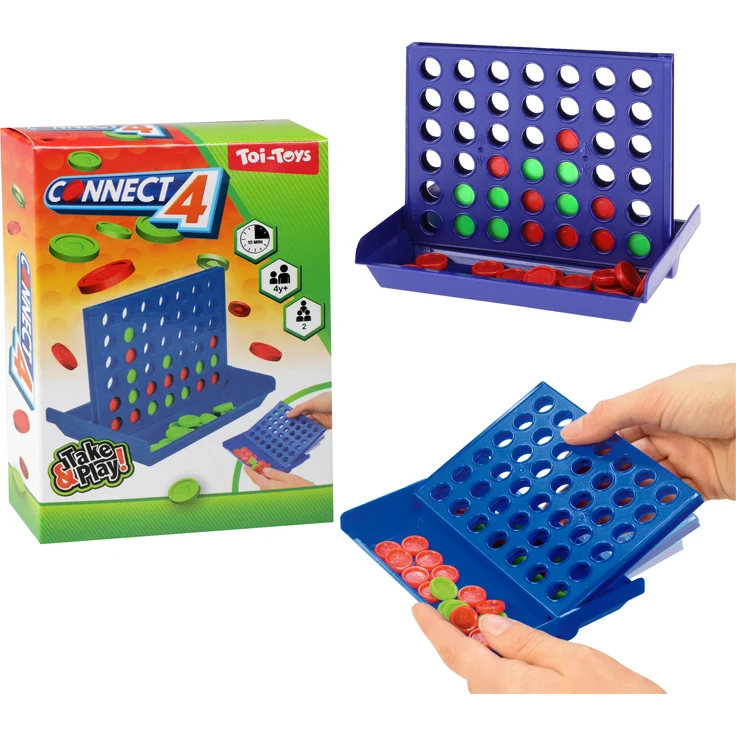 Toi-Toys Reisespiel Connect 4, kompaktes Familienspiel für unterwegs, geeignet ab 4 Jahren
