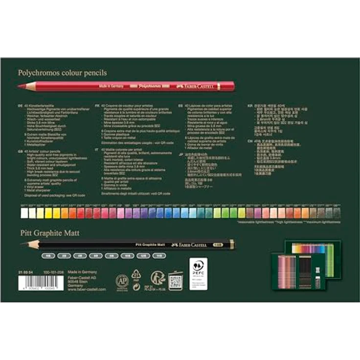 Faber-Castell Polychromos 210054, 40er Buntstifte-Set mit 3,8-mm-Minen, inklusive 8 Pitt Graphite Matt Bleistifte, Radiergummi und Anspitzer – Bild 4