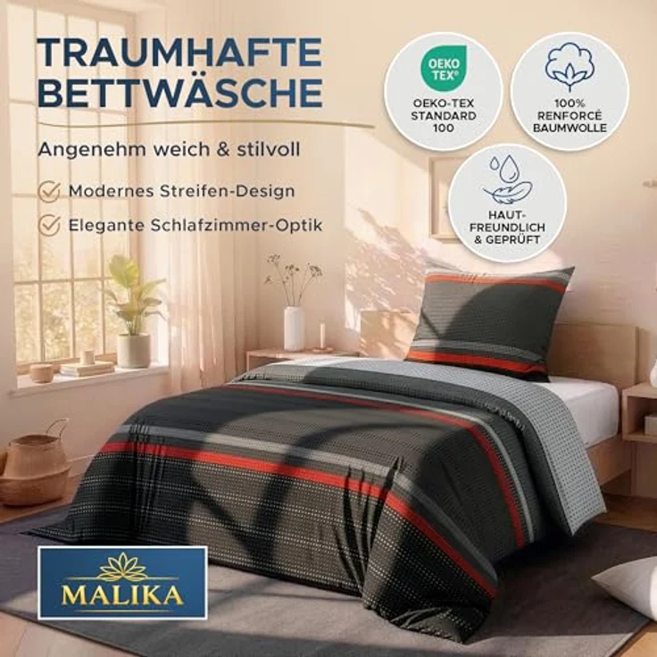 MALIKA Bettwäsche Set 155x220 cm, Renforcé-Baumwolle, Allergikerfreundlich, Oeko-TEX, elegantes Rot, mit Reißverschluss – Bild 2