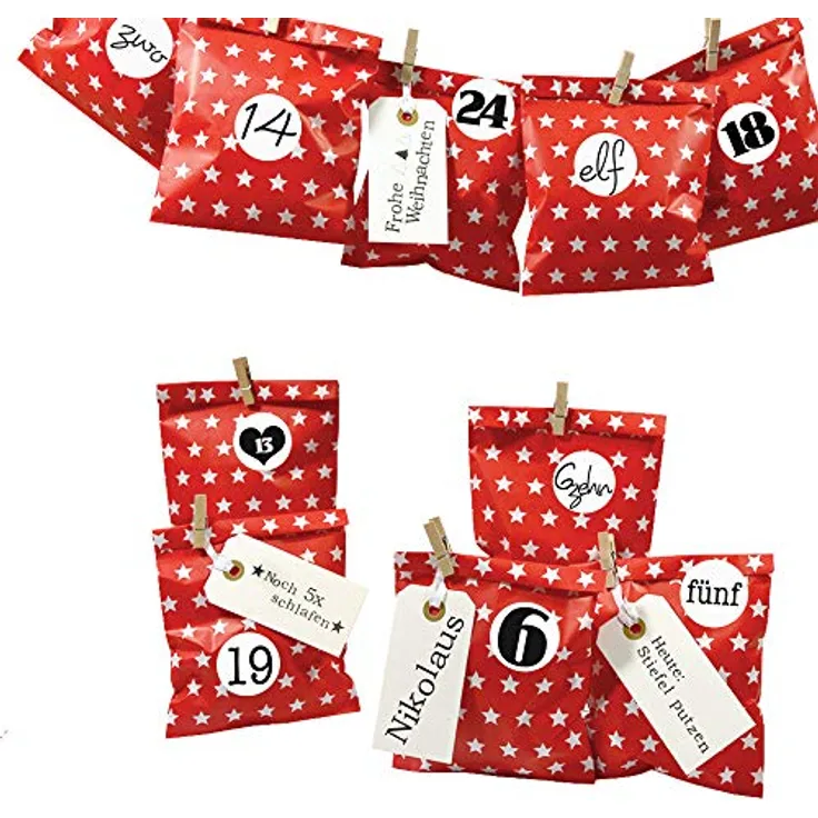 Frau WUNDERVoll® DIY Adventskalender zum Befüllen Bescherung: Set Stern 125, Papiertueten flach 13x16,5cm, rot Stern, Ziffern schwarz-weiß - Preisvergleich