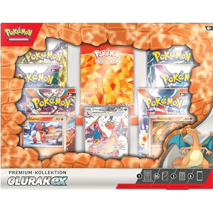 Pokémon-Sammelkartenspiel: Premium-Kollektion Glurak-ex (1 geprägte holografische Promokarte, 2 holografische Karten und 6 Boosterpacks des Pokémon-Sammelkartenspiels) - Preisvergleich – Bild 2