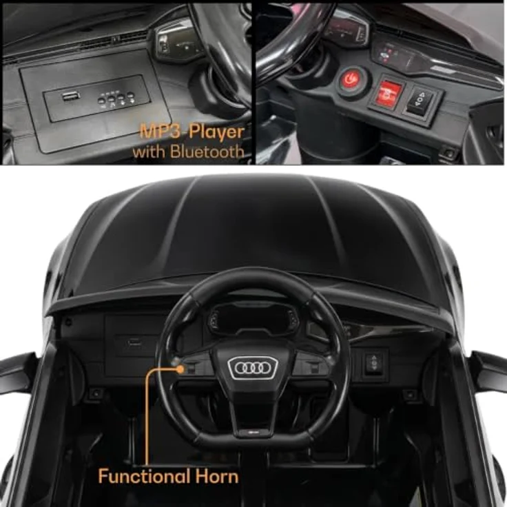Vrooomy Audi RS6 Kinder Elektro Auto, 12V Akku mit Fernbedienung, Scheinwerfer, Bluetooth MP3-Player, Schwarz, geeignet für 1 bis 5 Jahre – Bild 4