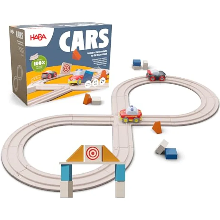 HABA Cars Meine erste Rennbahn, 27-teiliges Set inkl. 2 Autos, nachhaltig aus recyceltem Holz und Kunststoff, für Kinder ab 2 Jahren – Bild 1